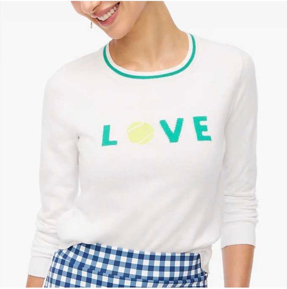J Crew Ladies Love tennis Teddie sweater, green trim and text, cotton, M